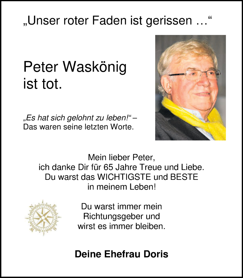  Traueranzeige für Dr. h. c. Peter Waskönig vom 26.08.2017 aus Nordwest-Zeitung