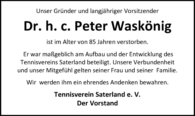  Traueranzeige für Dr. h. c. Peter Waskönig vom 28.08.2017 aus Nordwest-Zeitung