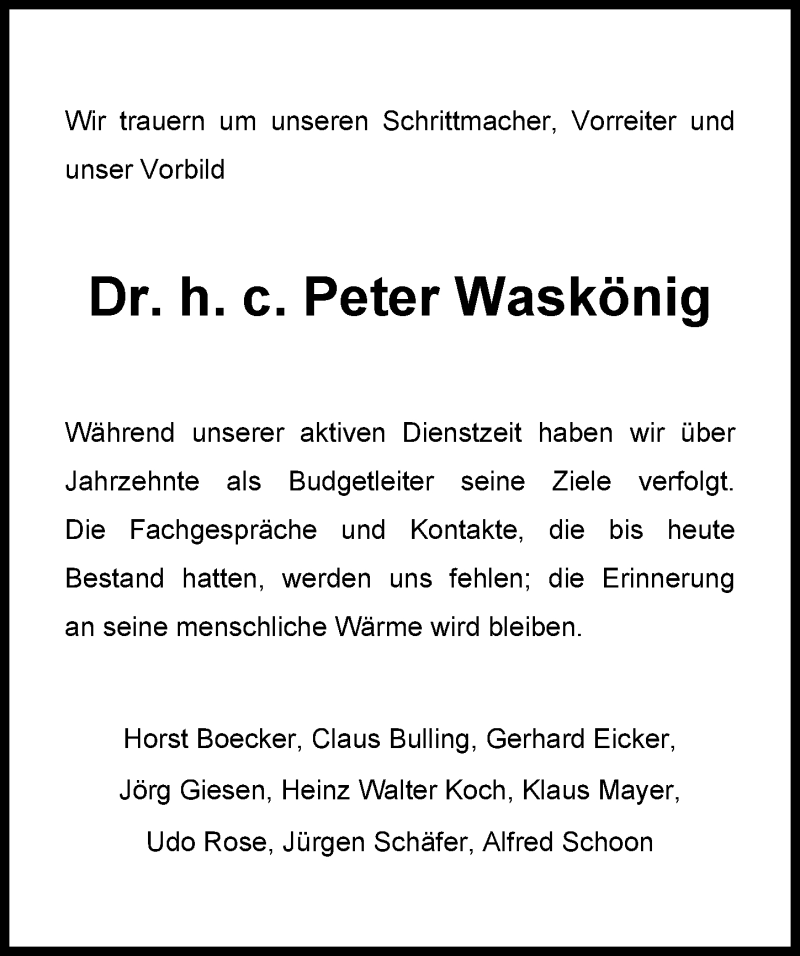  Traueranzeige für Dr. h. c. Peter Waskönig vom 29.08.2017 aus Nordwest-Zeitung