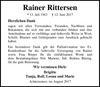 Traueranzeige von Rainer Rittersen von Nordwest-Zeitung
