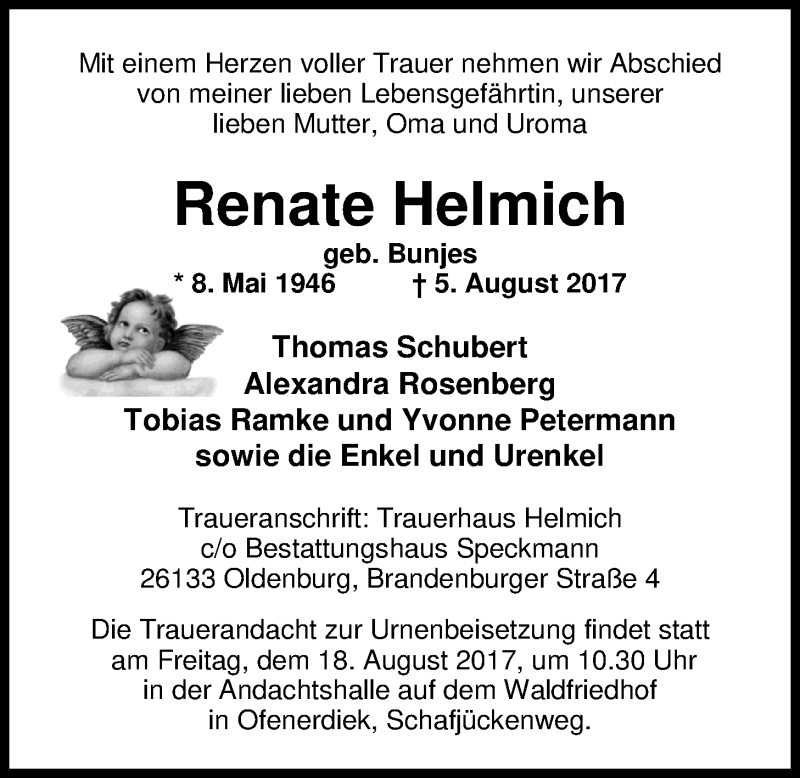  Traueranzeige für Renate Helmich vom 15.08.2017 aus Nordwest-Zeitung