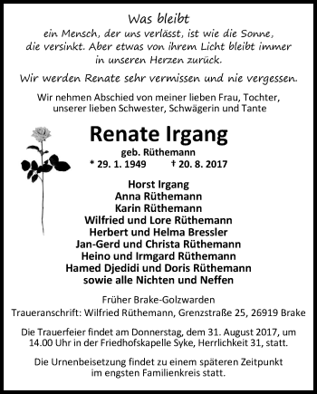 Traueranzeige von Renate Irgang von Nordwest-Zeitung