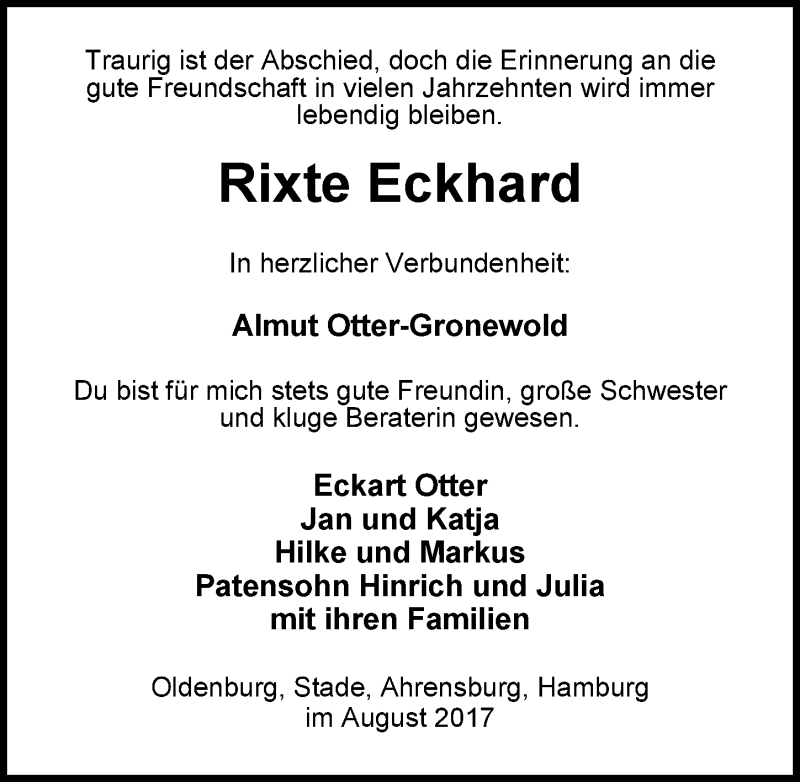  Traueranzeige für Rixte Eckhard vom 29.08.2017 aus Nordwest-Zeitung