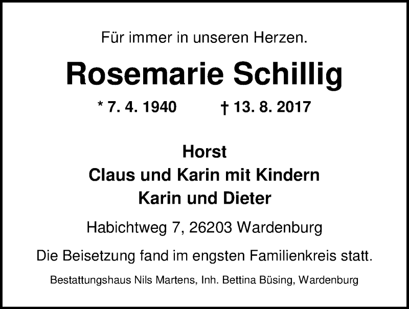  Traueranzeige für Rosemarie Schillig vom 30.08.2017 aus Nordwest-Zeitung