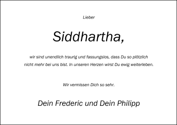 Traueranzeige von Siddhartha Wagner vom Berg von Nordwest-Zeitung