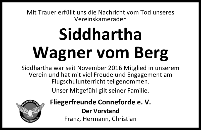  Traueranzeige für Siddhartha Wagner vom Berg vom 25.08.2017 aus Nordwest-Zeitung