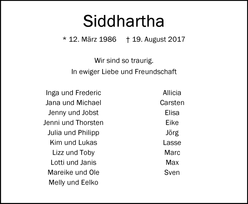 Traueranzeige für Siddhartha Wagner vom Berg vom 24.08.2017 aus Nordwest-Zeitung