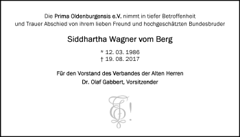 Traueranzeige von Siddhartha Wagner vom Berg von Nordwest-Zeitung