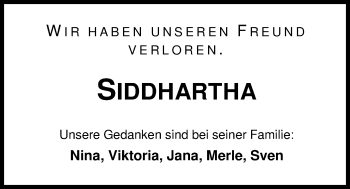 Traueranzeige von Siddhartha Wagner vom Berg von Nordwest-Zeitung