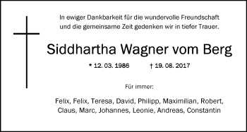 Traueranzeige von Siddhartha Wagner vom Berg von Nordwest-Zeitung