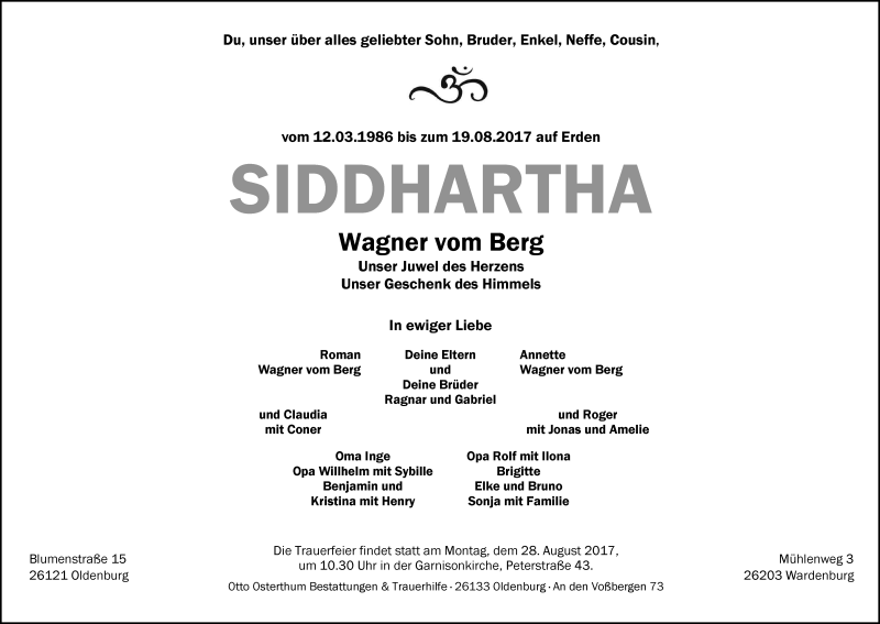 Traueranzeige für Siddhartha Wagner vom Berg vom 24.08.2017 aus Nordwest-Zeitung