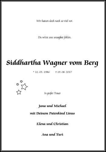 Traueranzeige von Siddhartha Wagner vom Berg von Nordwest-Zeitung