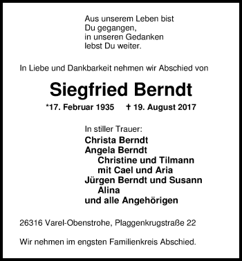 Traueranzeige von Siegfried Berndt von Nordwest-Zeitung