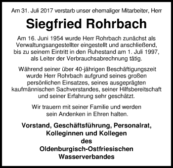 Traueranzeige von Siegfried Rohrbach von Nordwest-Zeitung