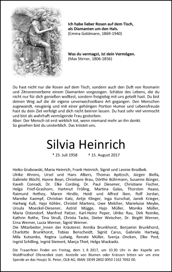 Traueranzeige von Silvia Heinrich von Nordwest-Zeitung