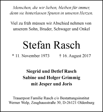 Traueranzeige von Stefan Rasch von Nordwest-Zeitung
