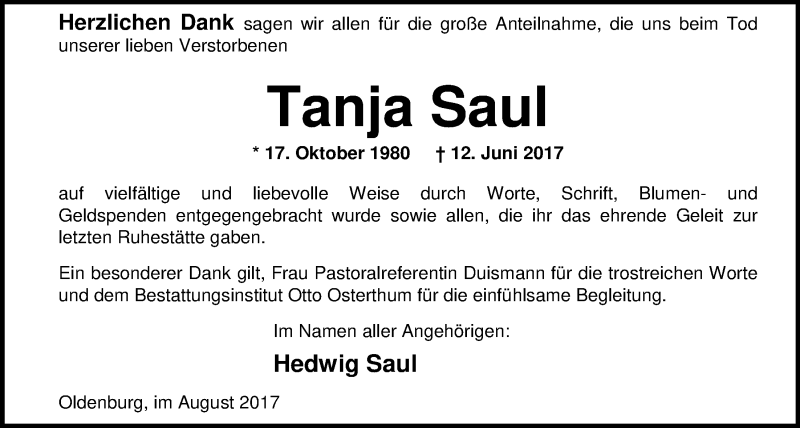 Traueranzeige für Tanja Saul vom 19.08.2017 aus Nordwest-Zeitung