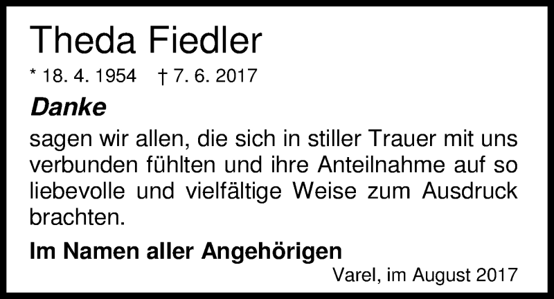  Traueranzeige für Theda Fiedler vom 07.08.2017 aus Nordwest-Zeitung