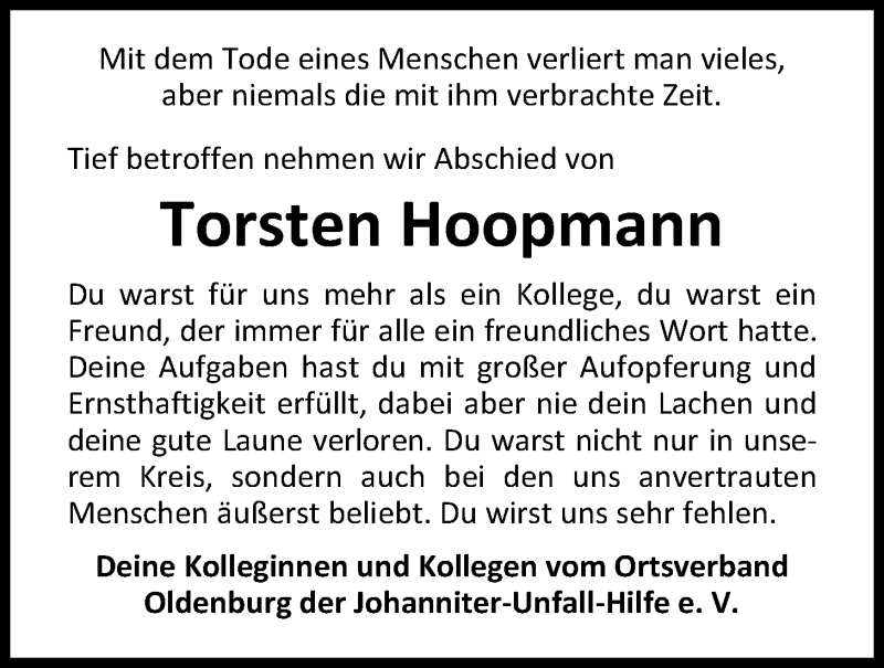  Traueranzeige für Torsten Hoopmann vom 17.08.2017 aus Nordwest-Zeitung