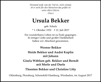 Traueranzeige von Ursula Bekker von Nordwest-Zeitung