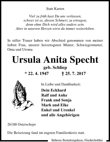Traueranzeige von Ursula Anita Specht von Nordwest-Zeitung
