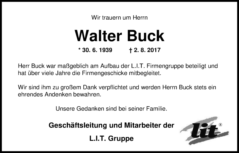  Traueranzeige für Walter Buck vom 12.08.2017 aus Nordwest-Zeitung