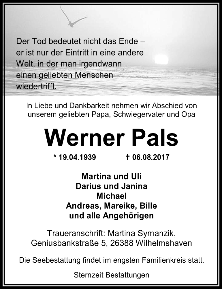  Traueranzeige für Werner Pals vom 12.08.2017 aus Nordwest-Zeitung