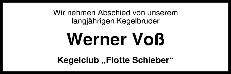  Traueranzeige für Werner Voß vom 15.08.2017 aus Nordwest-Zeitung