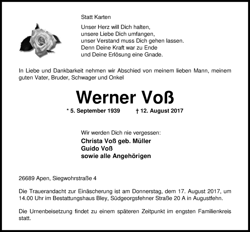  Traueranzeige für Werner Voß vom 15.08.2017 aus Nordwest-Zeitung