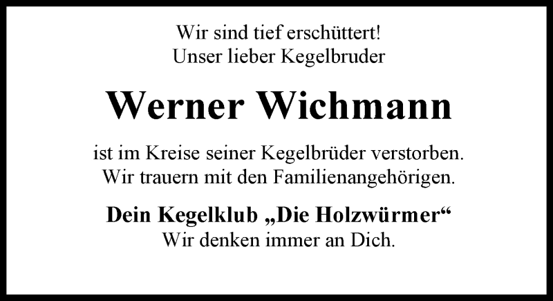  Traueranzeige für Werner Wichmann vom 31.08.2017 aus Nordwest-Zeitung