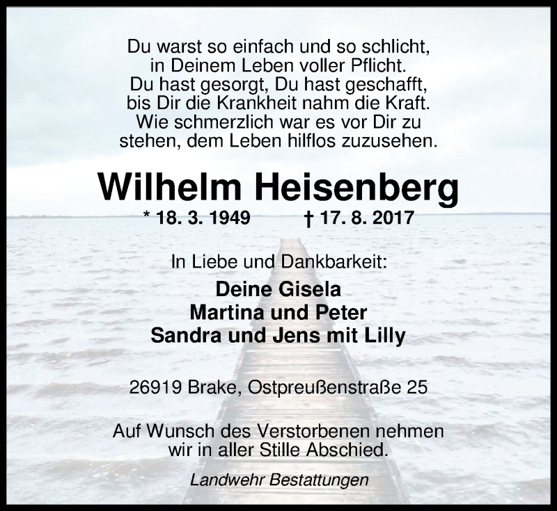  Traueranzeige für Wilhelm Heisenberg vom 23.08.2017 aus Nordwest-Zeitung