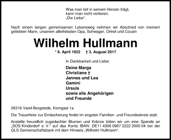 Traueranzeige von Wilhelm Hullmann von Nordwest-Zeitung