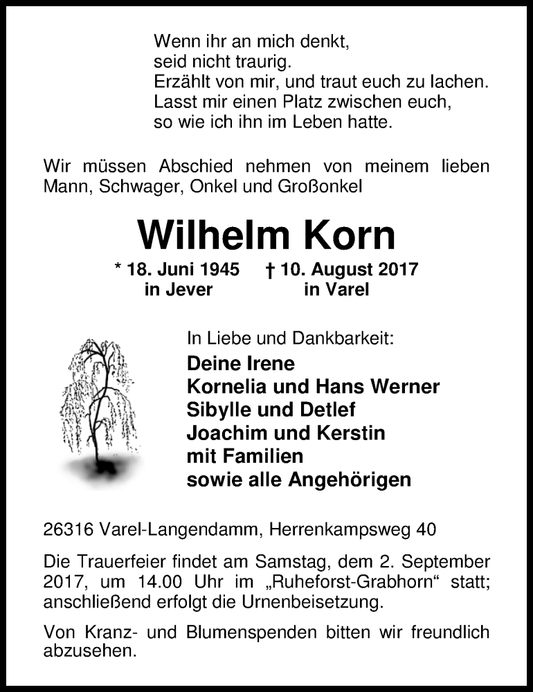  Traueranzeige für Wilhelm Korn vom 18.08.2017 aus Nordwest-Zeitung