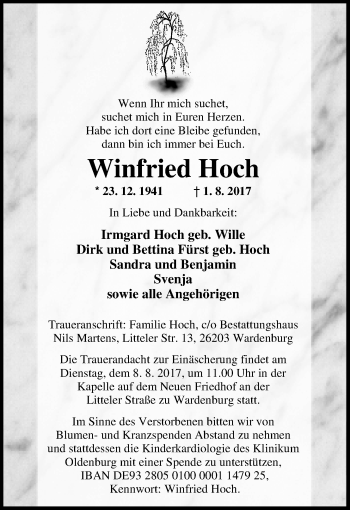 Traueranzeige von Winfried Hoch von Nordwest-Zeitung