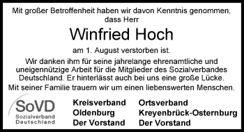 Traueranzeige von Winfried Hoch von Nordwest-Zeitung