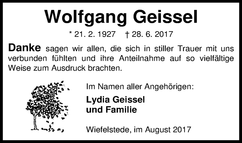  Traueranzeige für Wolfgang Geissel vom 02.08.2017 aus Nordwest-Zeitung