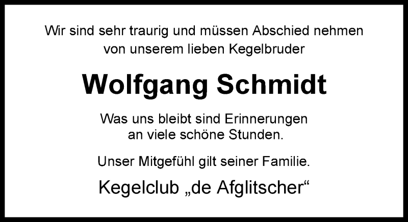  Traueranzeige für Wolfgang Schmidt vom 19.08.2017 aus Nordwest-Zeitung