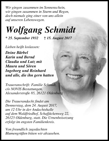 Traueranzeige von Wolfgang Schmidt von Nordwest-Zeitung