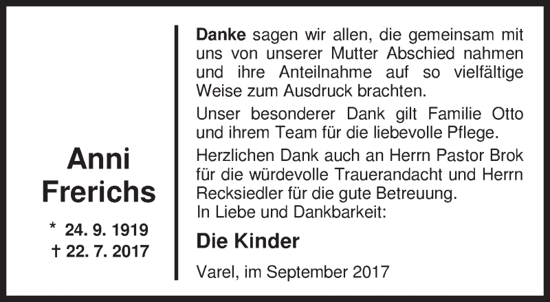  Traueranzeige für Anna (Anni) Frerichs vom 02.09.2017 aus Nordwest-Zeitung