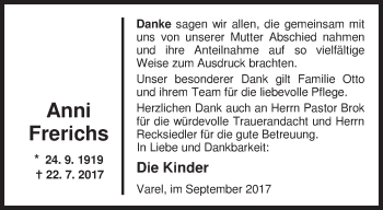 Traueranzeige von Anna (Anni) Frerichs von Nordwest-Zeitung