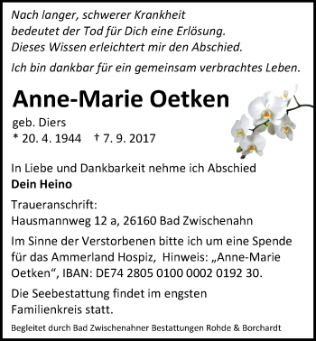 Traueranzeige von Anne-Marie Oetken von Nordwest-Zeitung