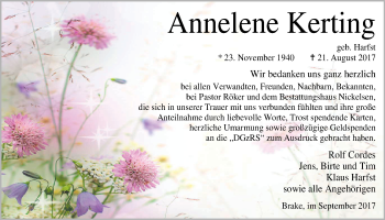 Traueranzeige von Annelene Kerting von Nordwest-Zeitung