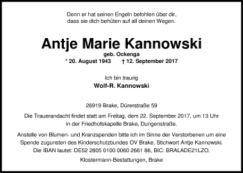 Traueranzeige von Antje Marie Kannowski von Nordwest-Zeitung