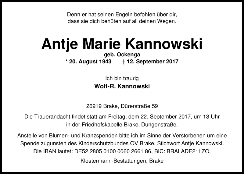  Traueranzeige für Antje Marie Kannowski vom 18.09.2017 aus Nordwest-Zeitung