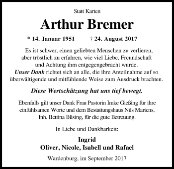 Traueranzeige von Arthur Bremer von Nordwest-Zeitung