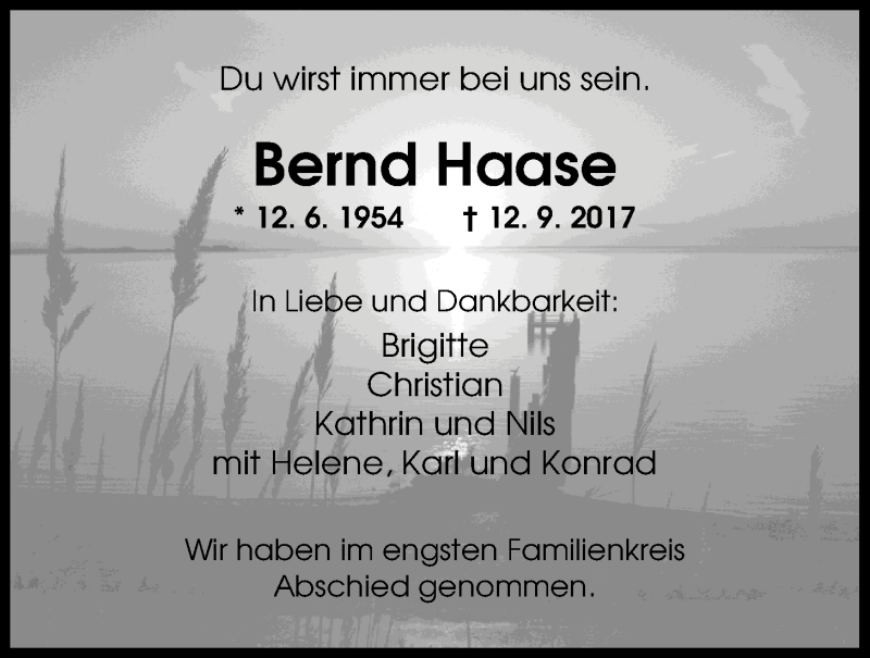  Traueranzeige für Bernd Haase vom 20.09.2017 aus Nordwest-Zeitung