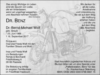 Traueranzeige von Bernd-Michael Wolf von Nordwest-Zeitung