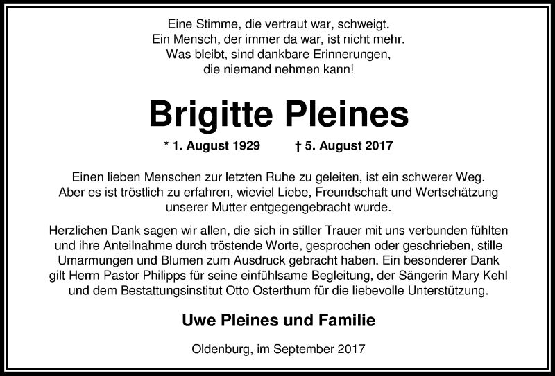  Traueranzeige für Brigitte Pleines vom 15.09.2017 aus Nordwest-Zeitung