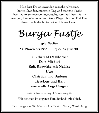 Traueranzeige von Burga Fastje von Nordwest-Zeitung