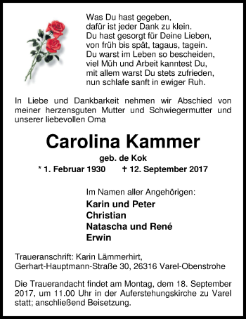 Traueranzeige von Carolina Kammer von Nordwest-Zeitung